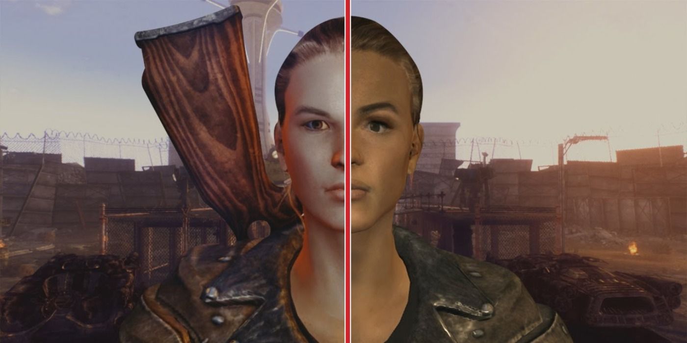 image of a Fallout: New Vegas character with and without a graphics mod