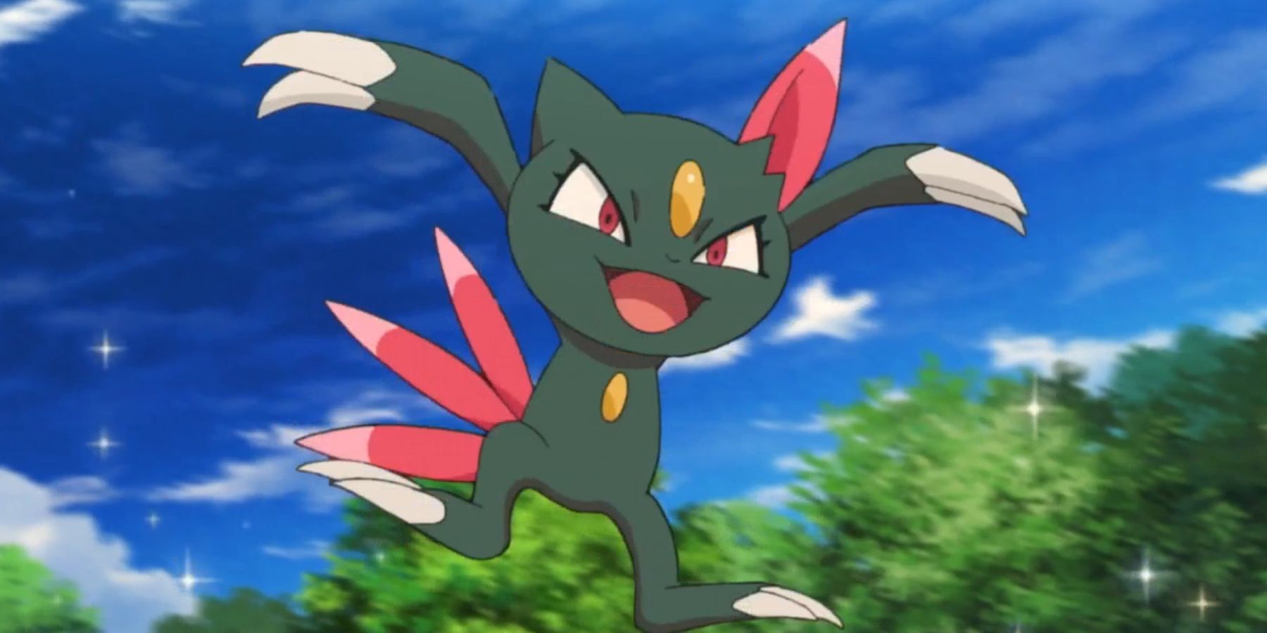 Sneasel jumps out into the air by some trees
