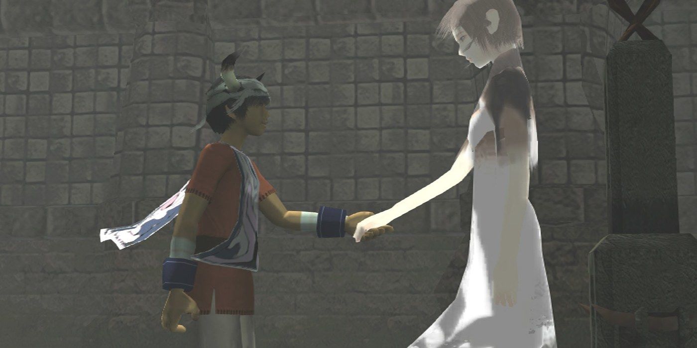 a shot of Ico and Yorda holding hands from the game Ico