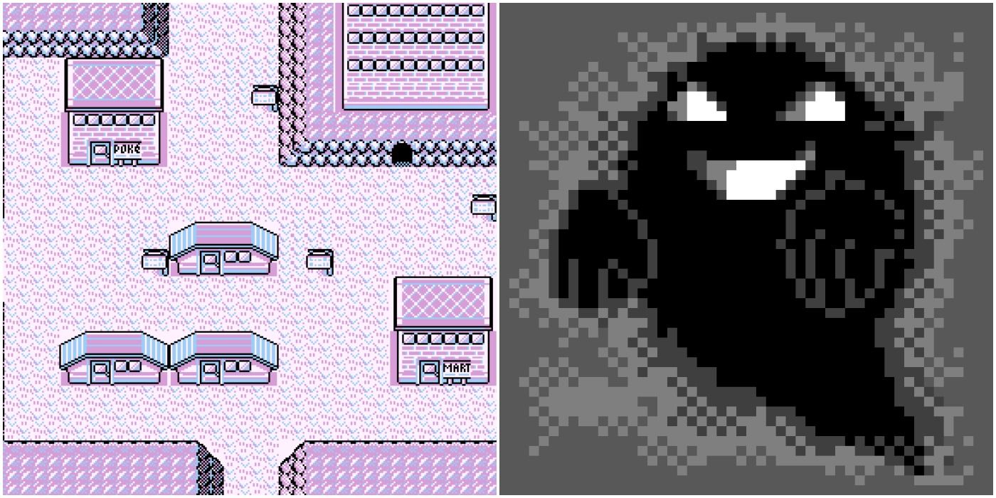 image of Lavender Town next to a ghost sprite from Pokemon