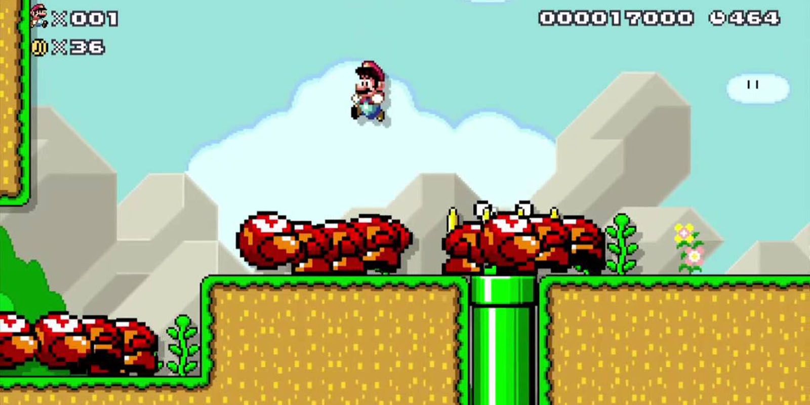 Mario jumping on top of an Angry Wiggler in Super Mario Maker
