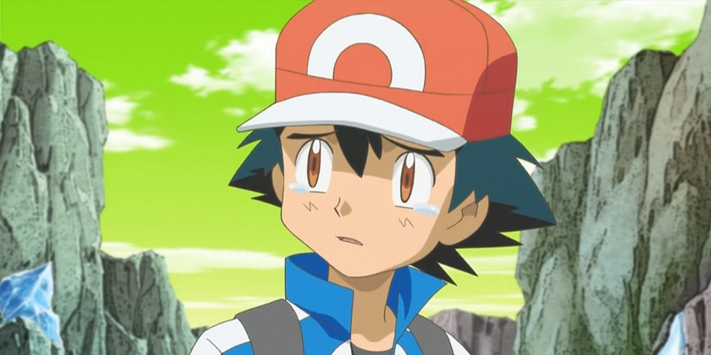 image of Ash in a mountainous area getting teary-eyed in Pokemon