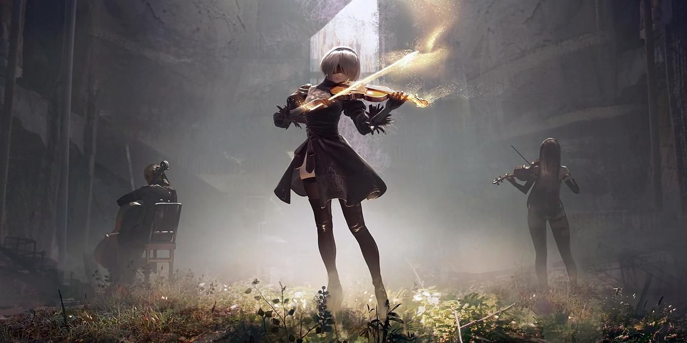 a promotional image of 2B from Nier: Automata playing a violin in a desolate city environment