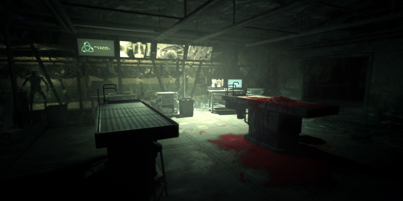 a wide shot of an eerie abandoned hospital room from the horror game Outlast