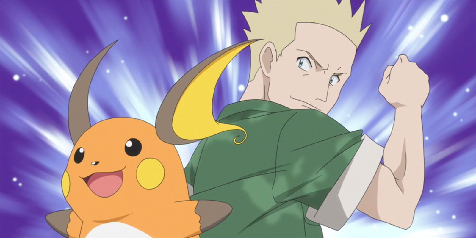 Lt. Surge and Raichu pose back to back, smiling.