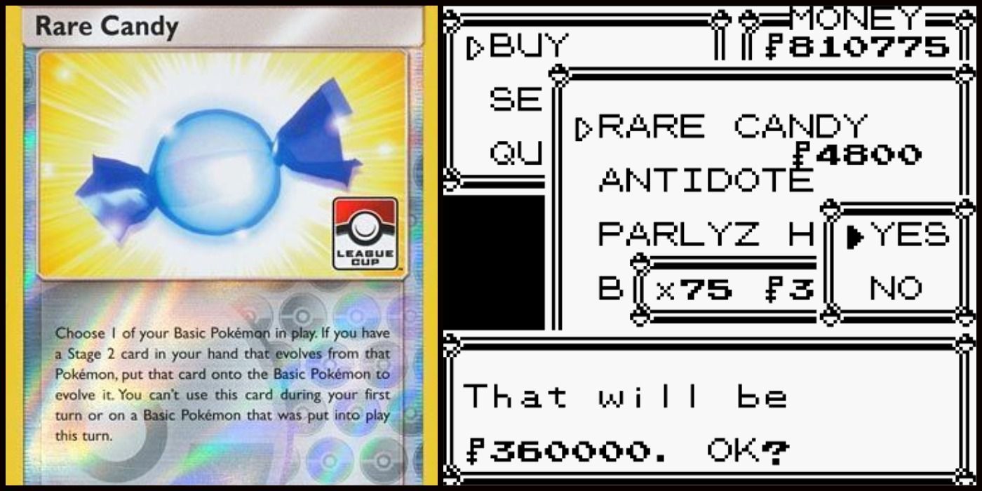 an image of a Rare Candy trading card next to in-game selling for Pokemon