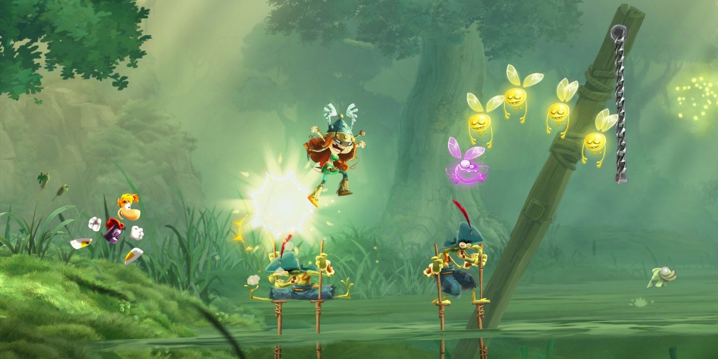 Rayman running towards goblins on stilts to get collectibles in swamp setting in Rayman Legends