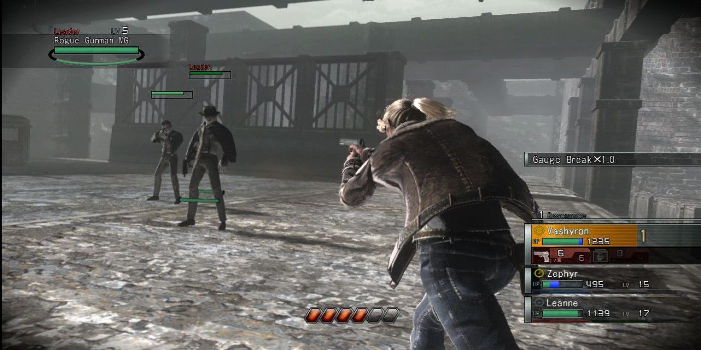 Combat scene in resonance of fate with Vashyron aiming for a rogue gunman