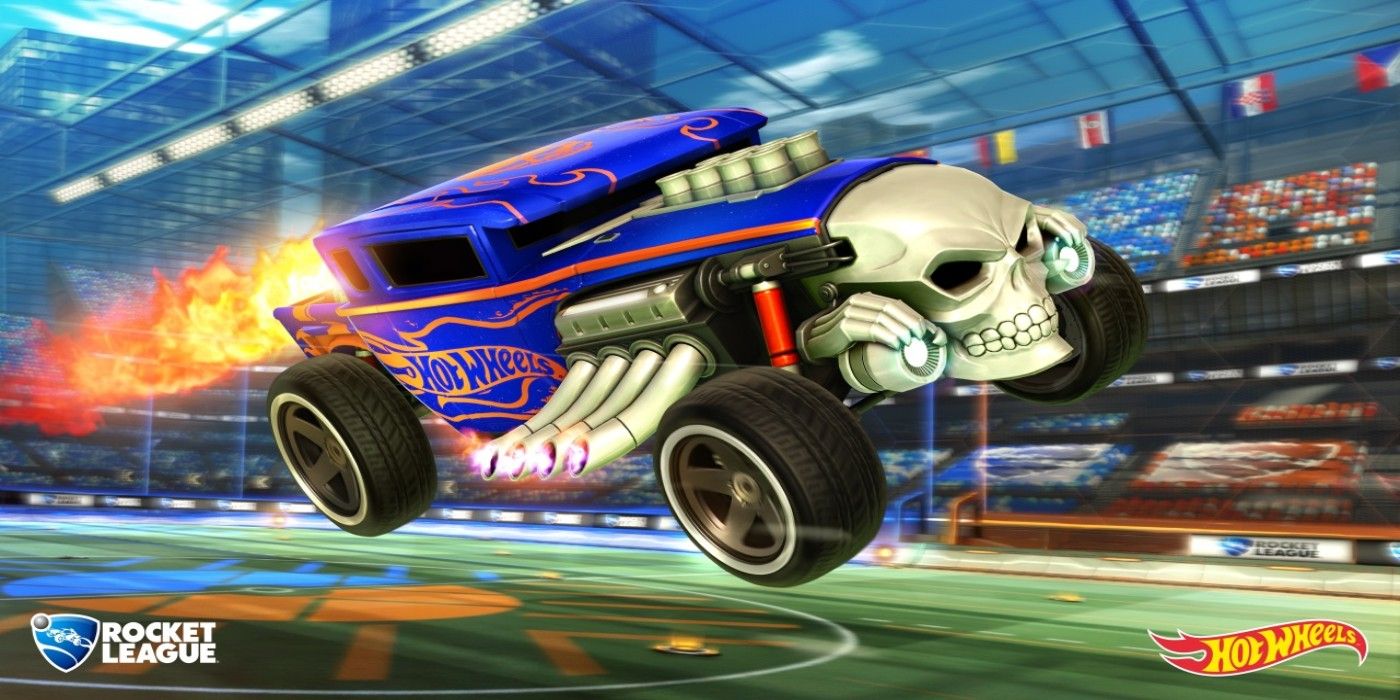 Rocket League Bone Shaker flying through the air in arena boosting