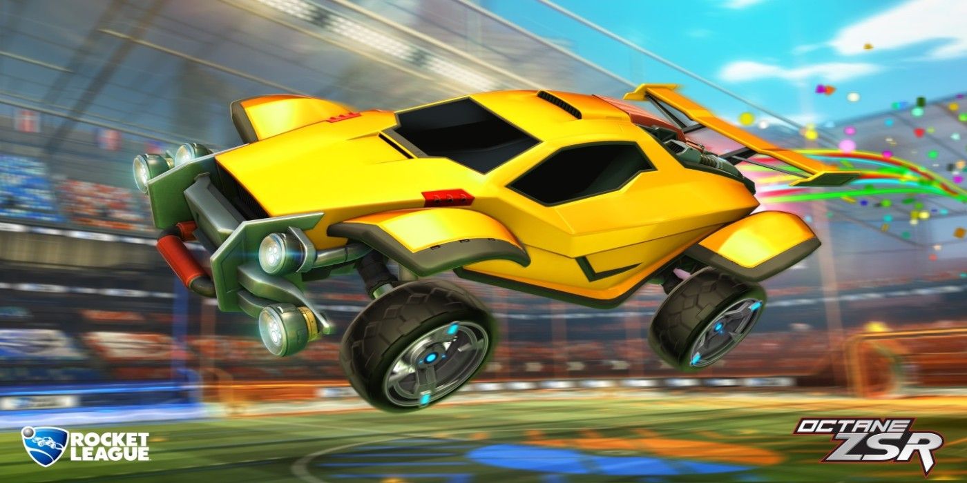 Rocket League Octane flying through the air with confetti booster