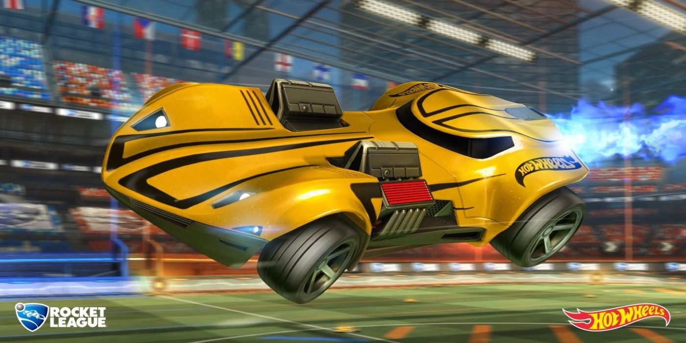 Rocket League Twin Mill III Hot Wheels car flying through the air in arena