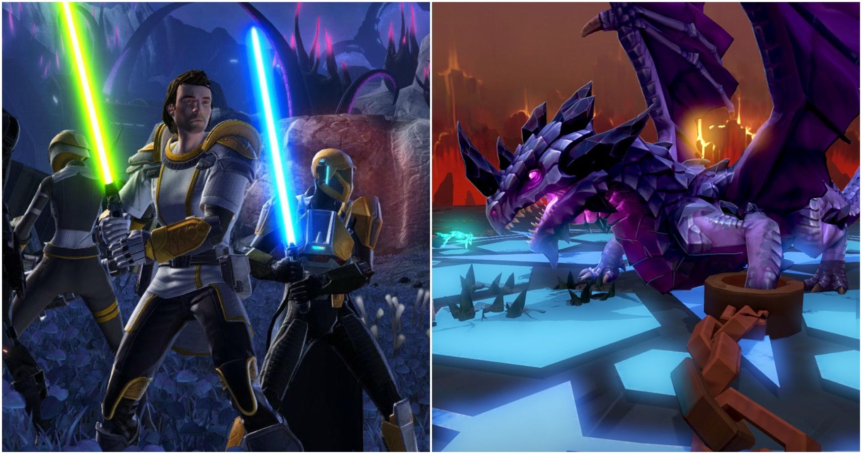 Jedis from Star Wars: The Old Republic taking on a Dragon from Runescape