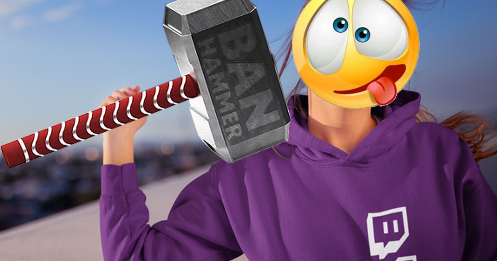 someone in a twitch hoodie with a ban hammer.