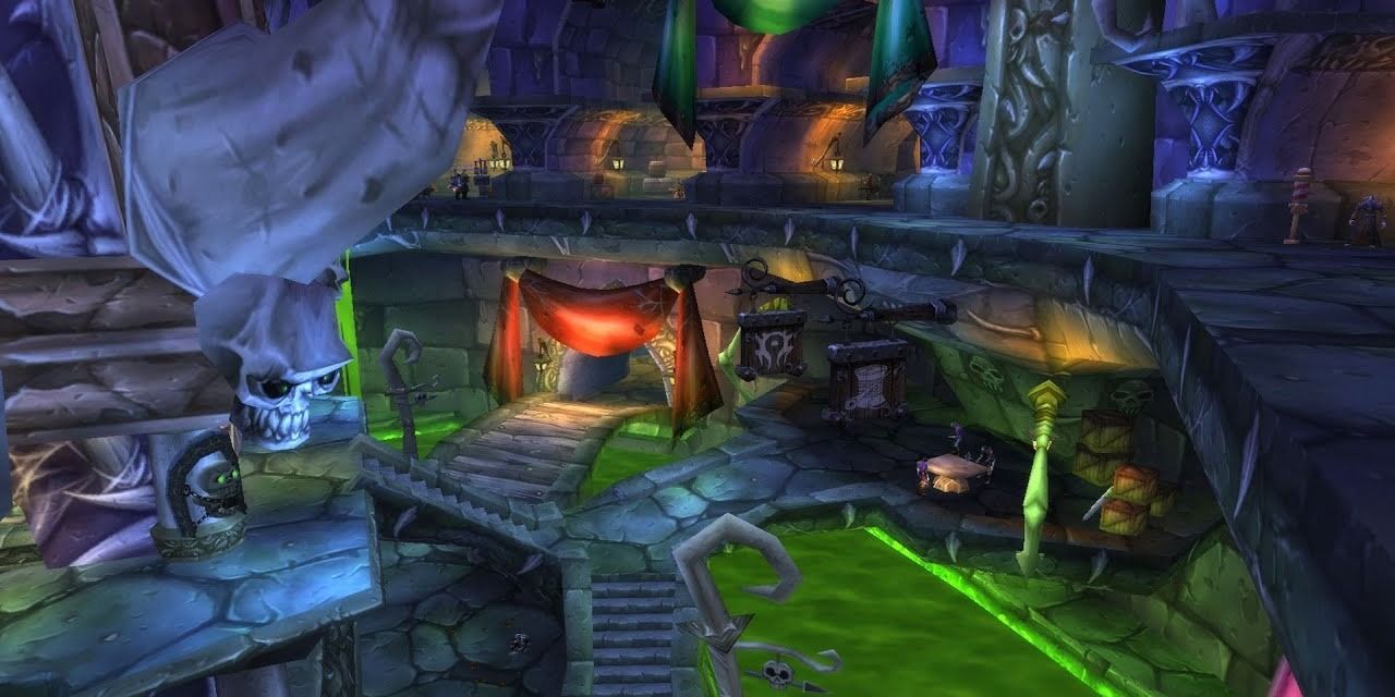 Interior of Undercity, Tirisfal Glades in classic World of Warcraft, with a view of the bank and vendors in the city's inner circle.