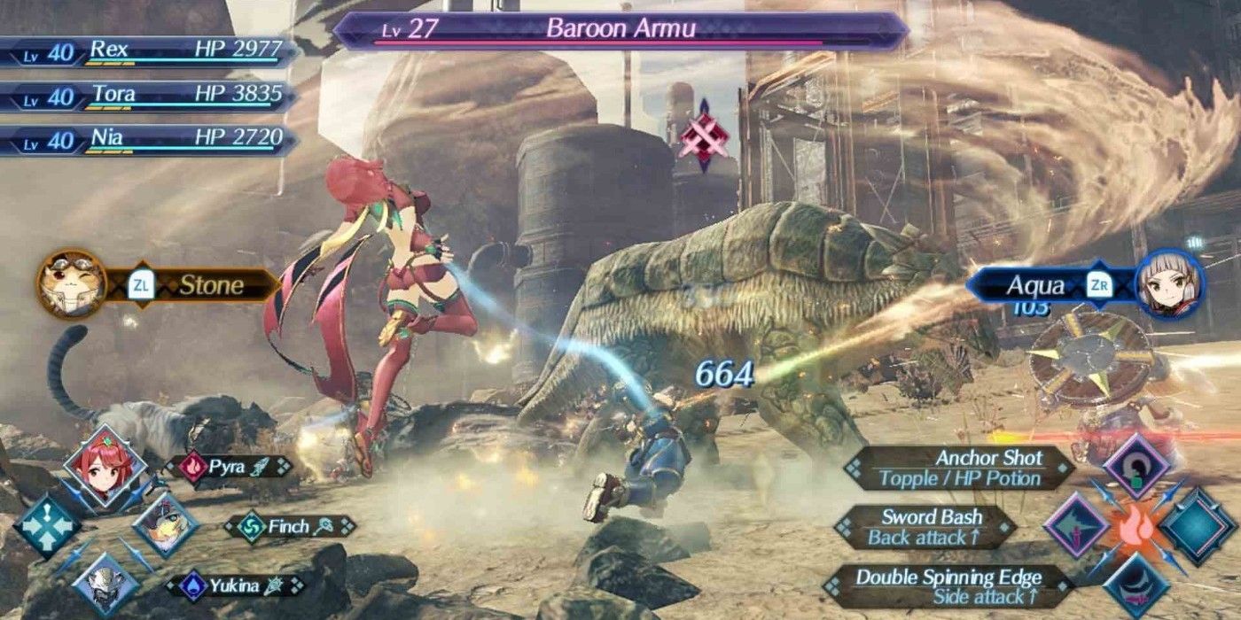 a wide shot of Pyra and Rex from Xenoblade Chronicles 2 fighting in the desert with Pyra lunging in the air with a ring of fire around her