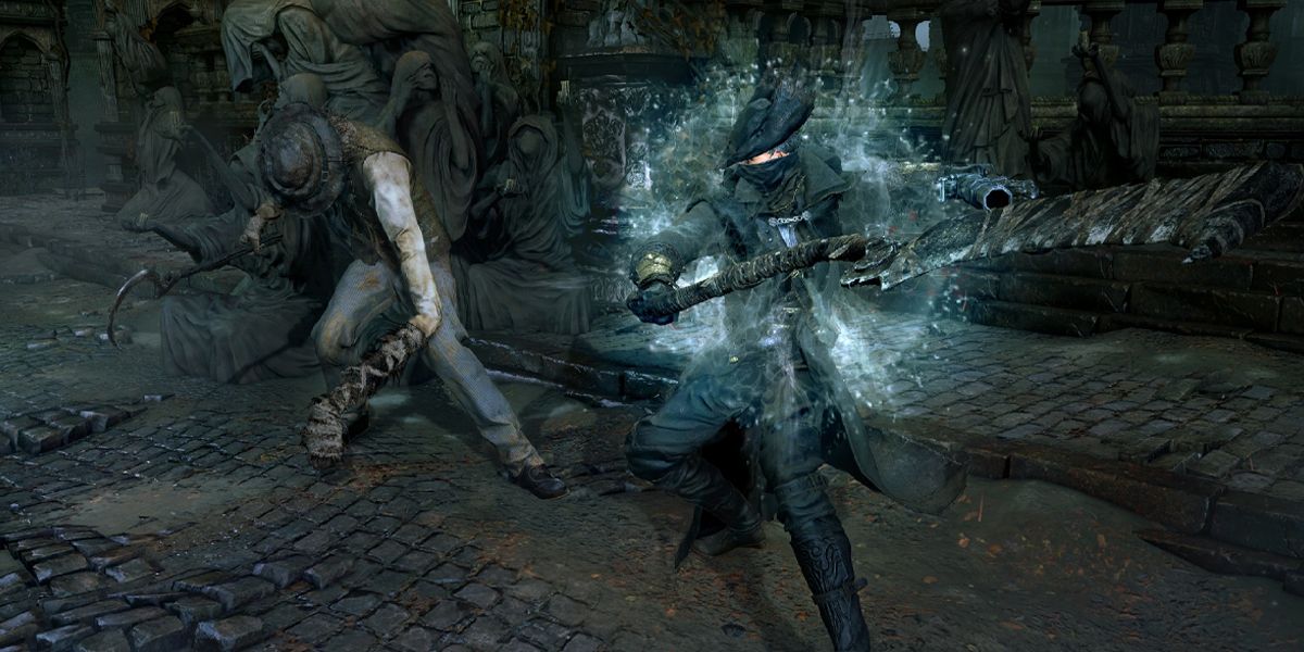 Bloodborne character glowing while attacking a humanoid enemy