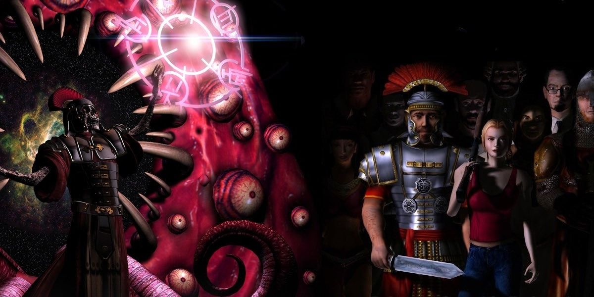 A compilation of characters from Eternal Darkness: Sanity's Requiem with one of the Ancients with its mouth open showing the galaxies and stars, and Alexandra Roivos and Roman Centurion Pious Augustus in front of other characters in the background.