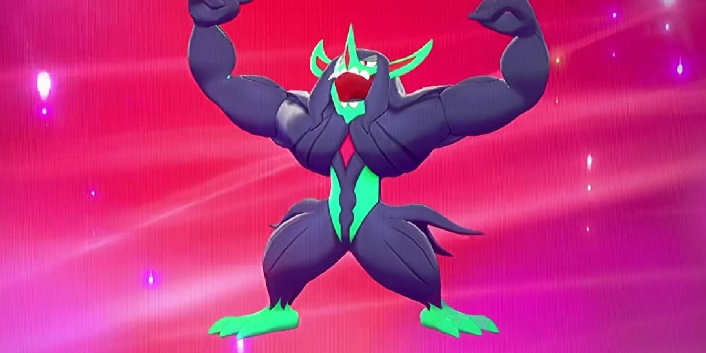 pokemon Grimmsnarl flexing on a red  and pink background