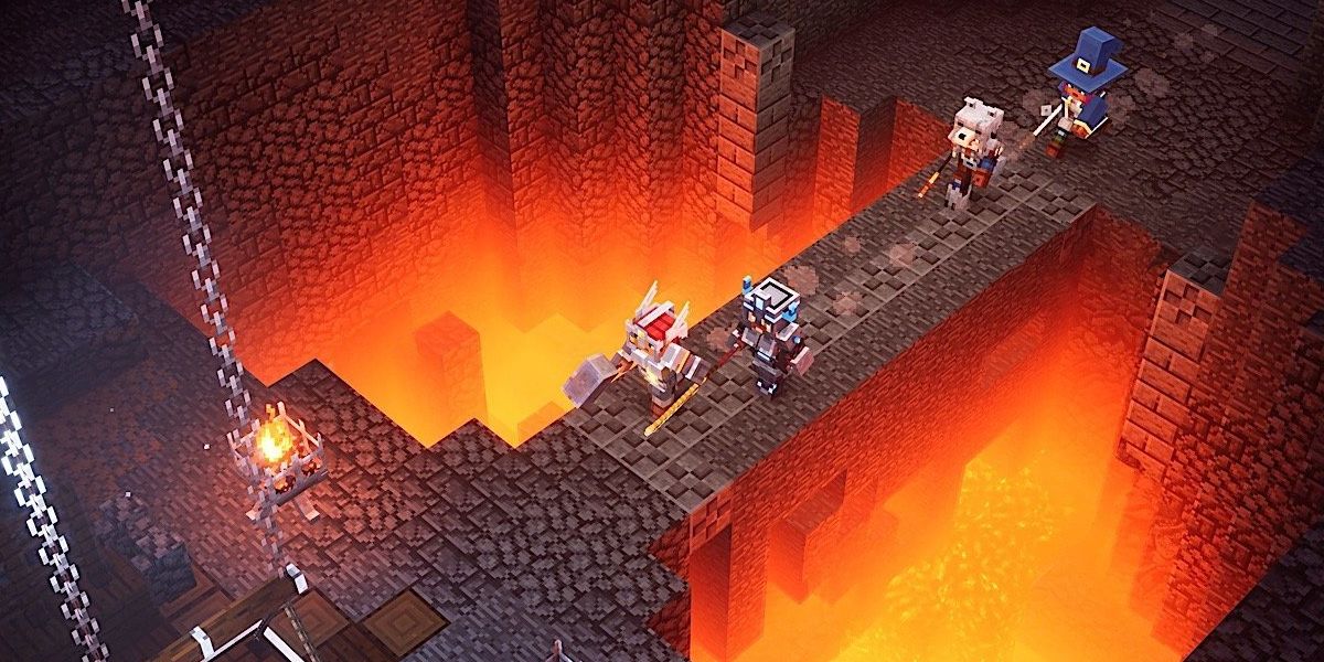 Minecraft Dungeons heroes crossing bridge over lava