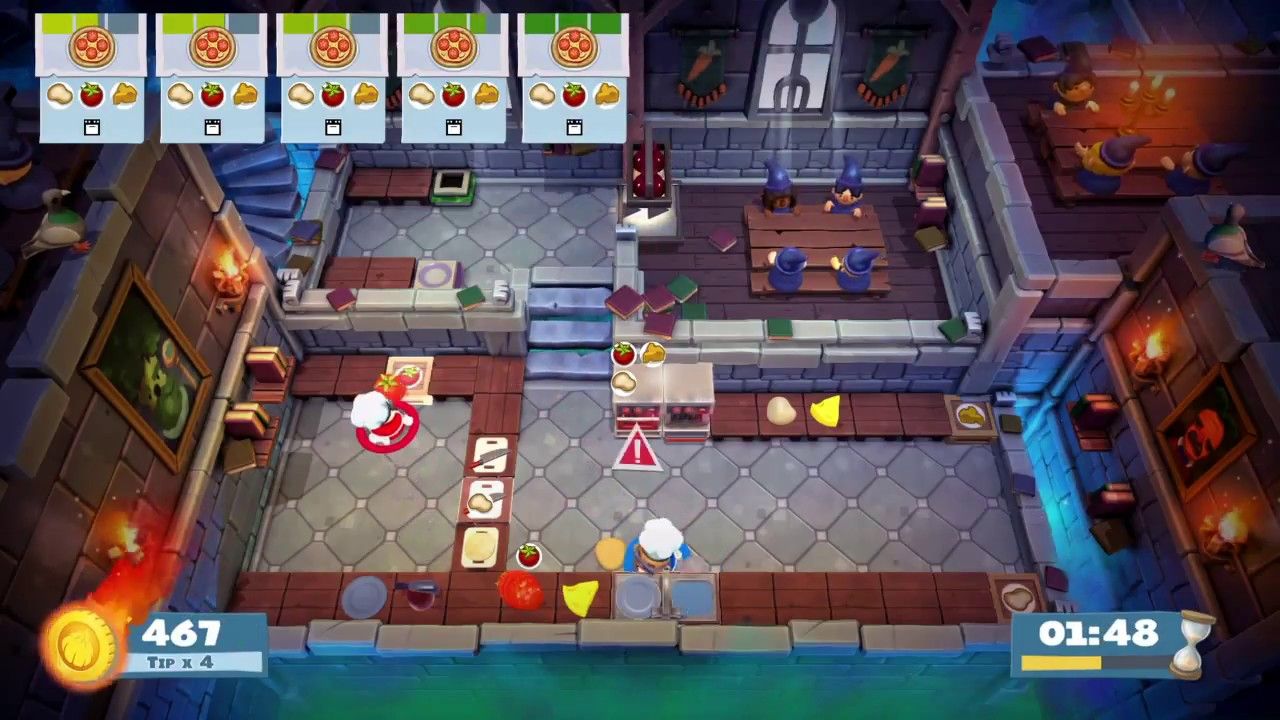 A kitchen in Overcooked in chaos, with a string of pizza orders building up.
