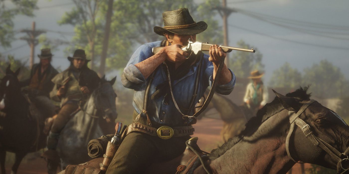 Arthur Morgan riding on a horse while aiming a weapon at those in front of him, while other prominent characters are following shortly behind him.
