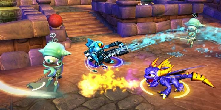 Spyro strikes an enemy as Gill Grunt attacks in Skylanders