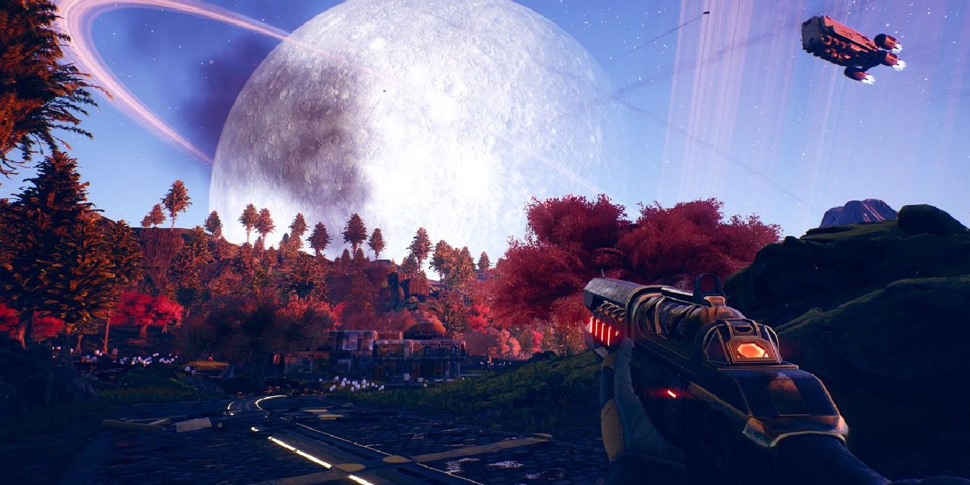 The player character holding a shotgun weapon on the surface of a planet on the Halcyon system, overlooking the gorgeous scenery with red trees and the outline of a ringed planet in the background.