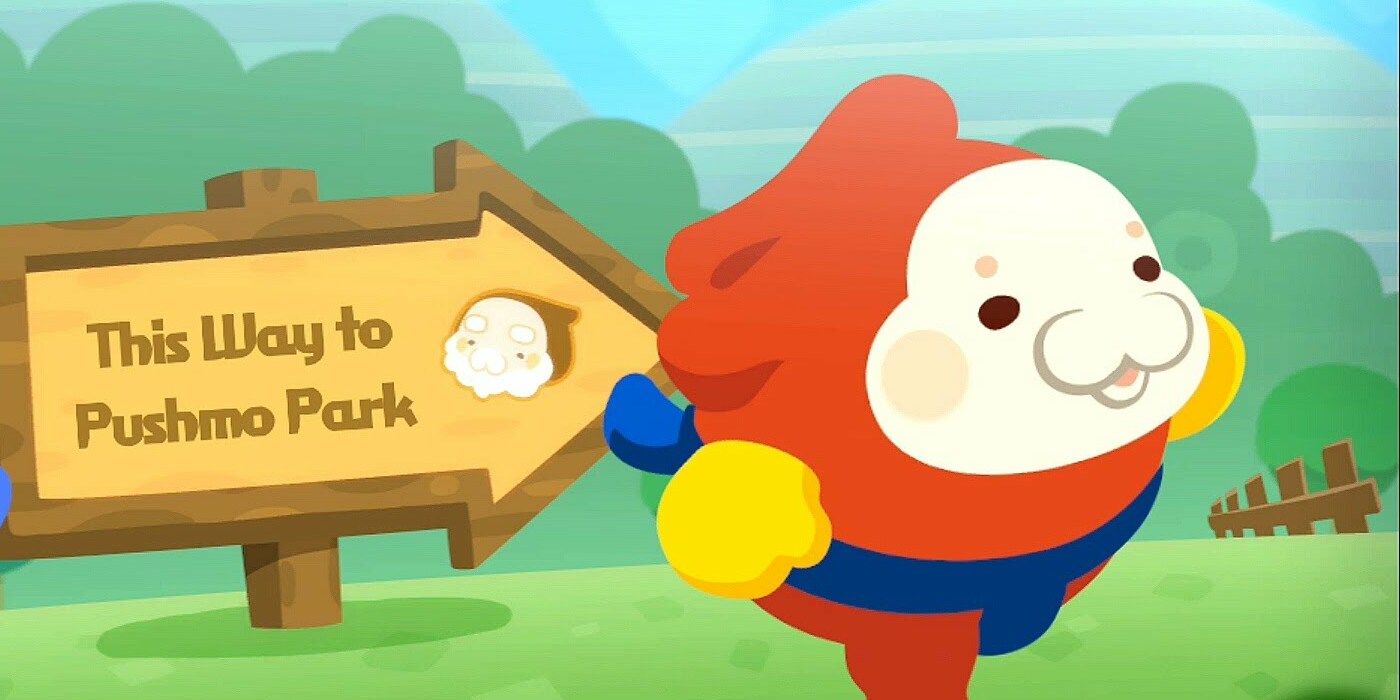 pushmo next to a sign that says this way to pushmo park