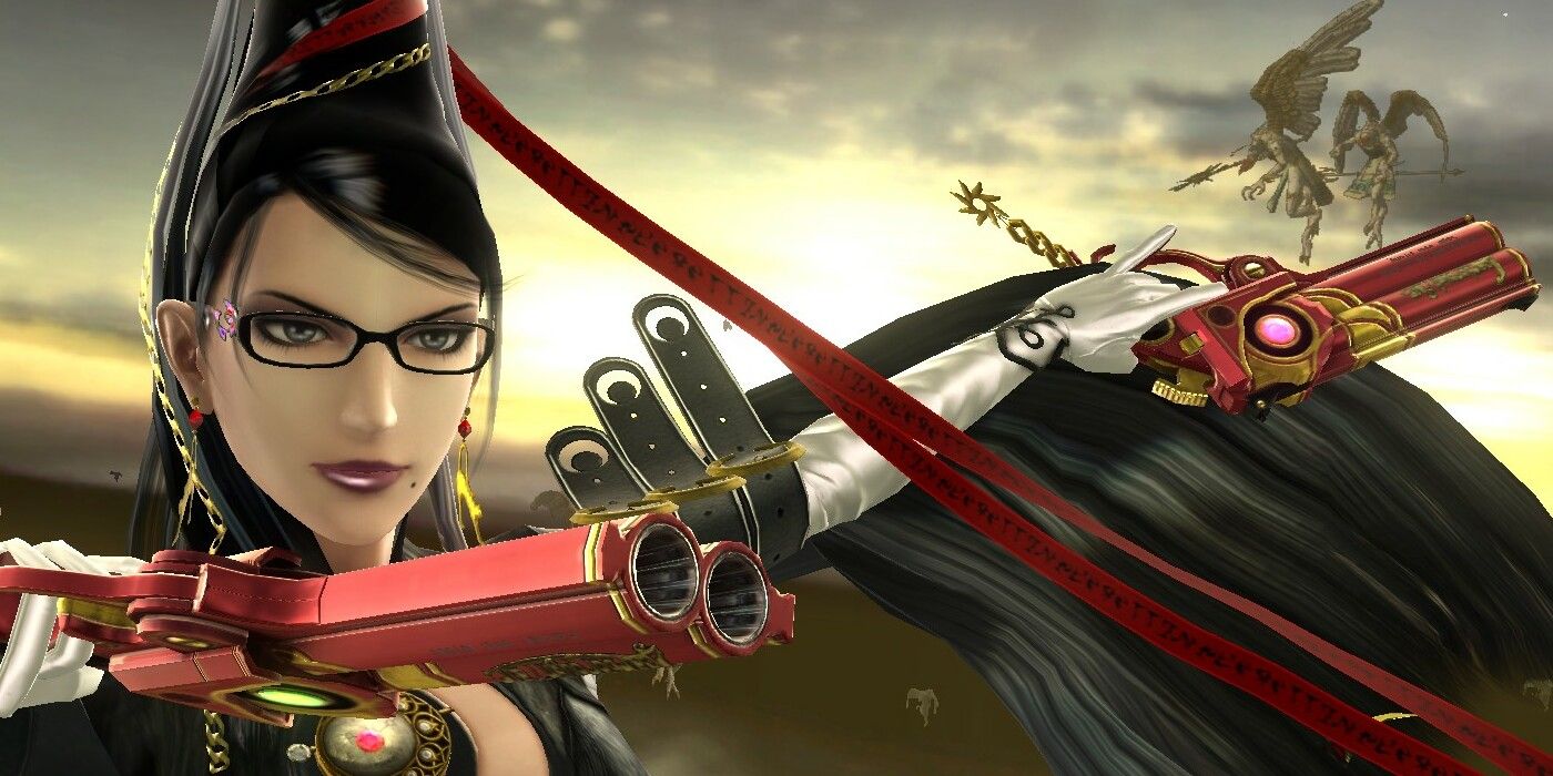 Bayonetta in smash recreating a pose from the games with angels flying in the background