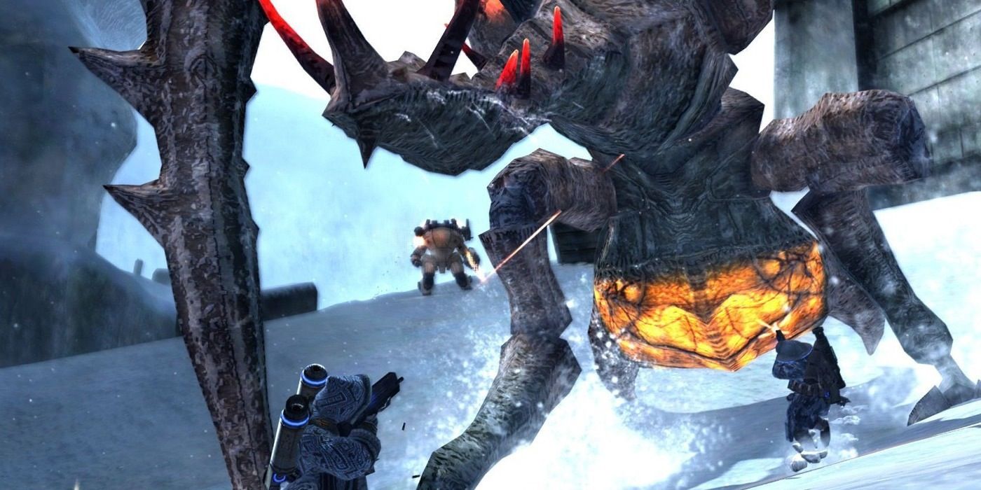 The player is shooting a big monster in Lost Planet