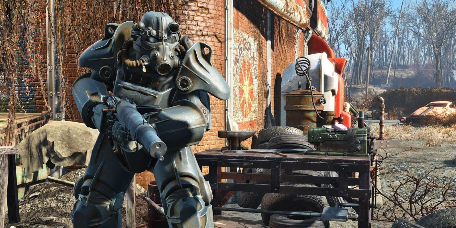 A player inside a T-51 Power Armor suit wielding a weapon by ruins in Fallout 4.