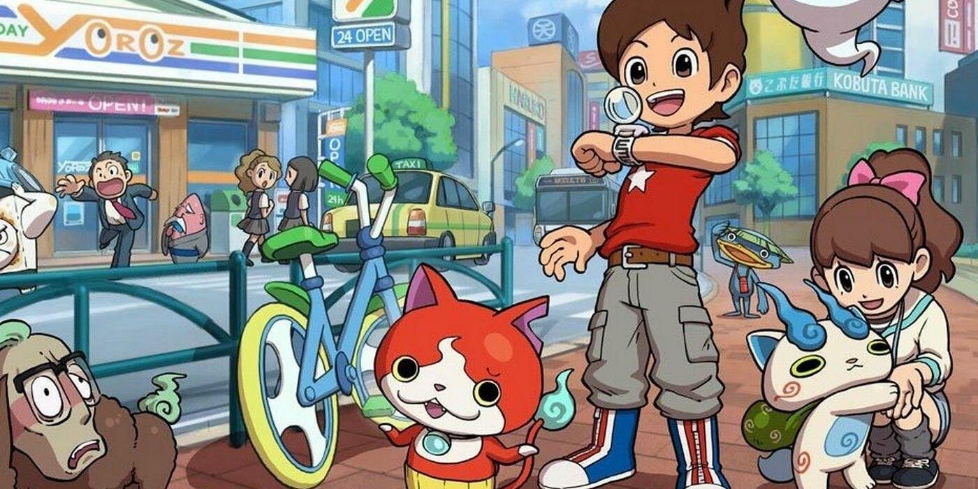 Yo-Kai Watch main characters and creatures in cartoon city still