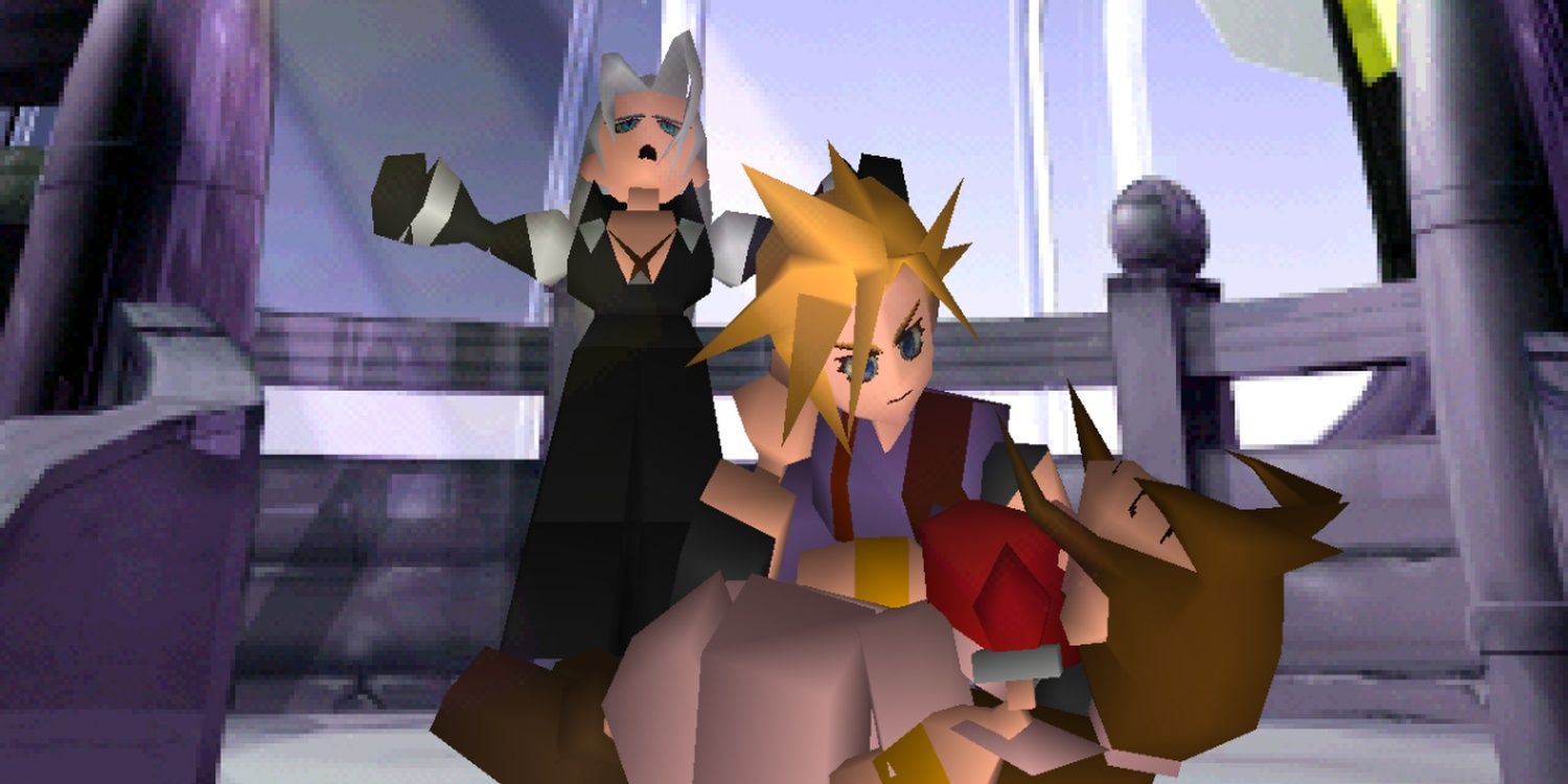Cloud در حالی که Sephiroth در Final Fantasy 7 برای PS1 در پس زمینه ایستاده است ، یک هوا در حال مرگ است.