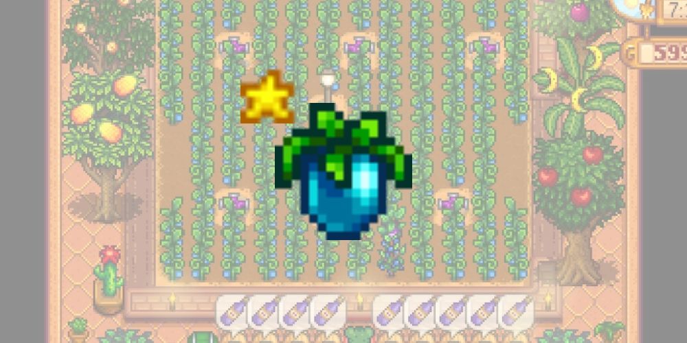 Stardew Valley: A Gold Quality Ancient Fruit hovering above an image of a Greenhouse filled with trees and Ancient fruit plants.