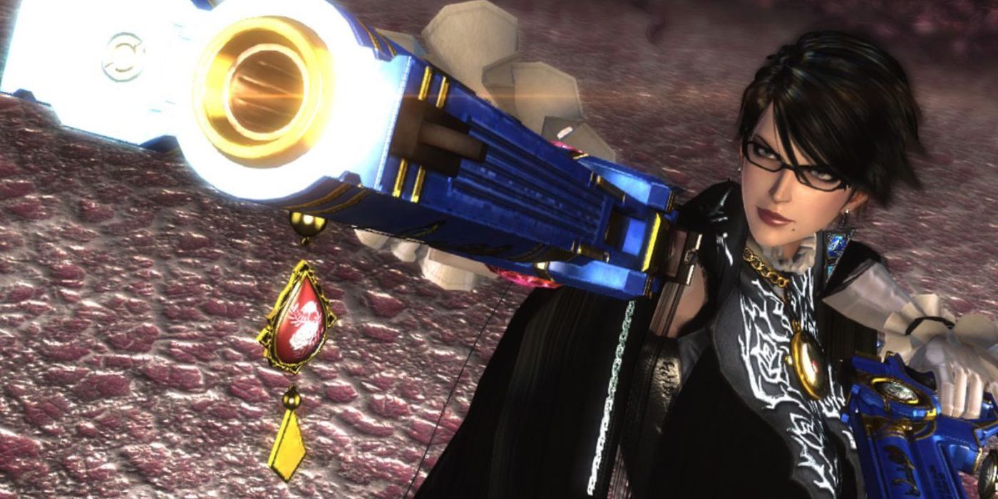Bayonetta from 2 aiming her guns at the screen, one in front of the other
