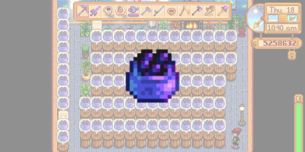 Stardew Valley: An image of Caviar floating above another image of a shed filled with full Caviar Preserves Jars.