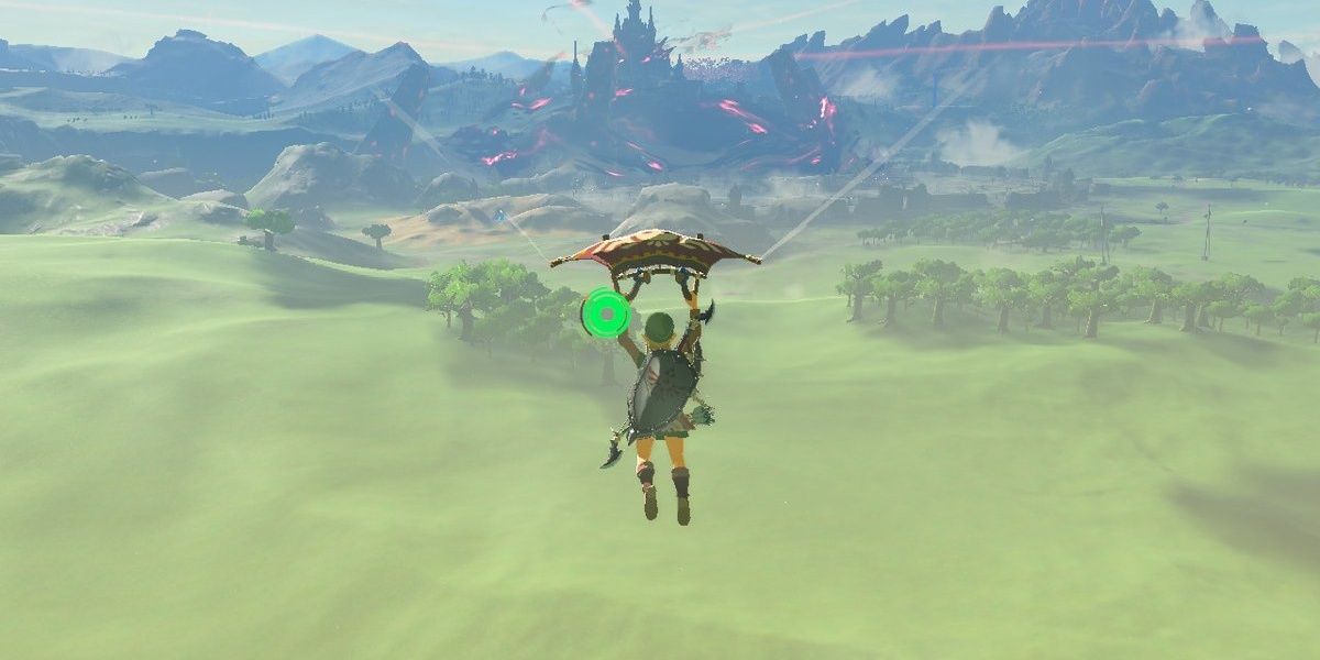 Link gliding towards Hyrule Castle