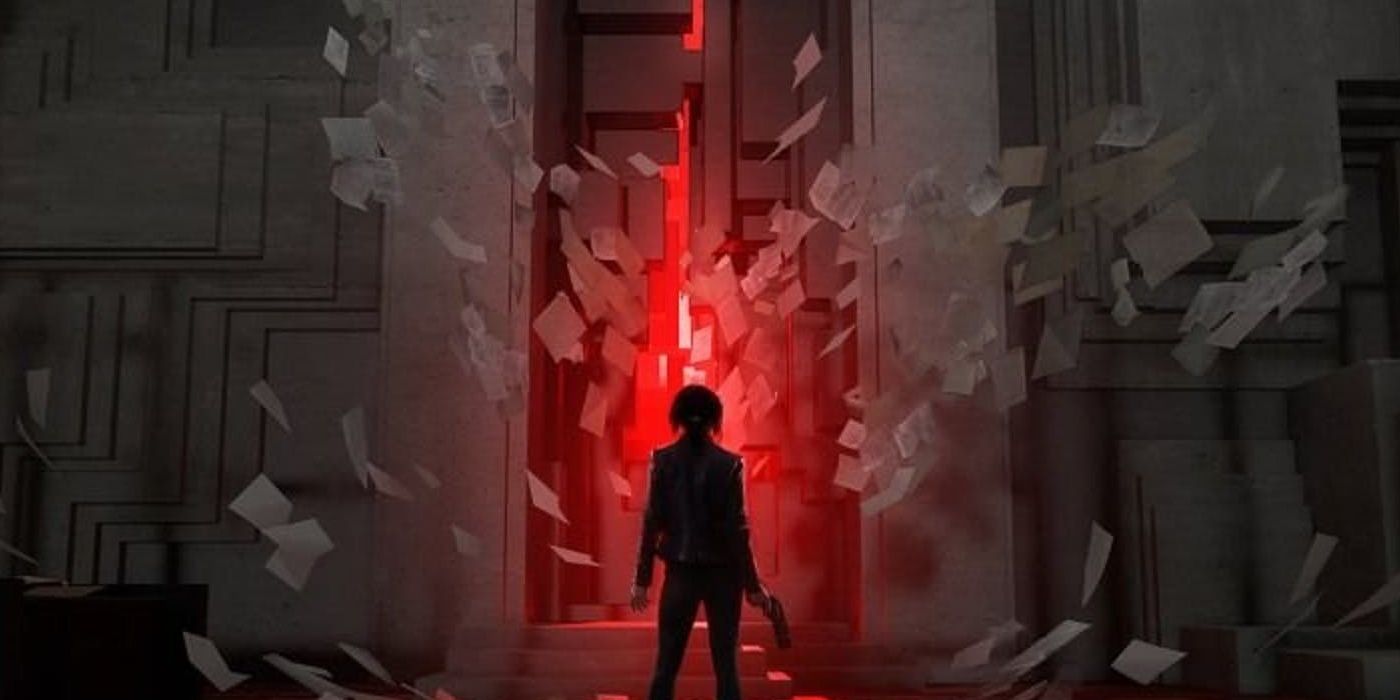 Jesse Faden staring into the red void of an alternate dimensional gateway with shards floating around the entrance in Control.