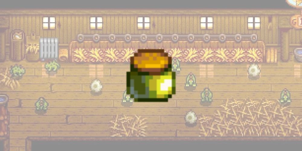 Stardew Valley: An image of the Dinosaur Mayonnaise above an image of a coop filled with little Dinosaurs and Dinosaur eggs.