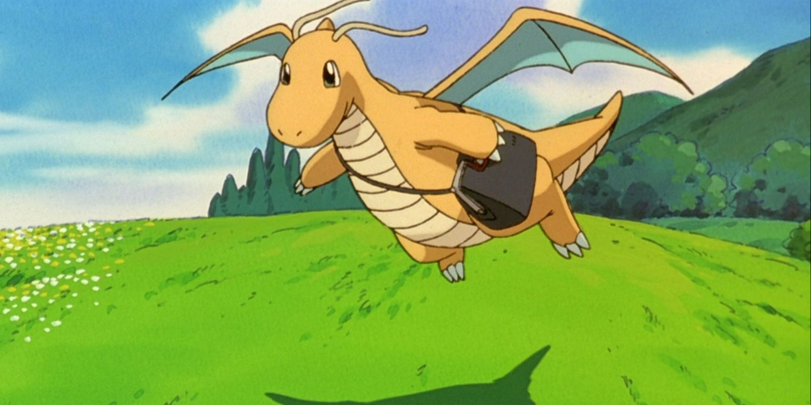 A Dragonite holding a satchel in the Pokemon Anime.