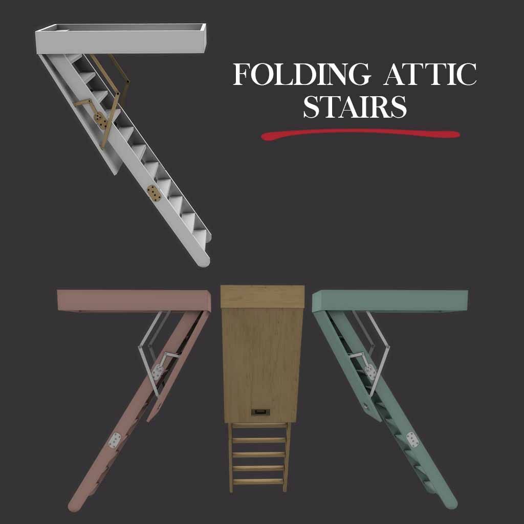 Four swatches of folding stairs coming down from an attic hatch.