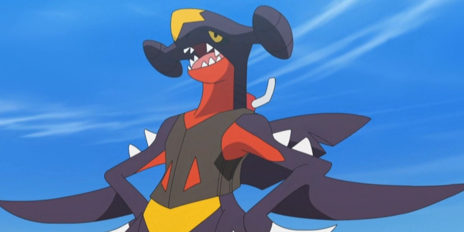 A Garchomp with its arms on its hips in the Pokemon anime.