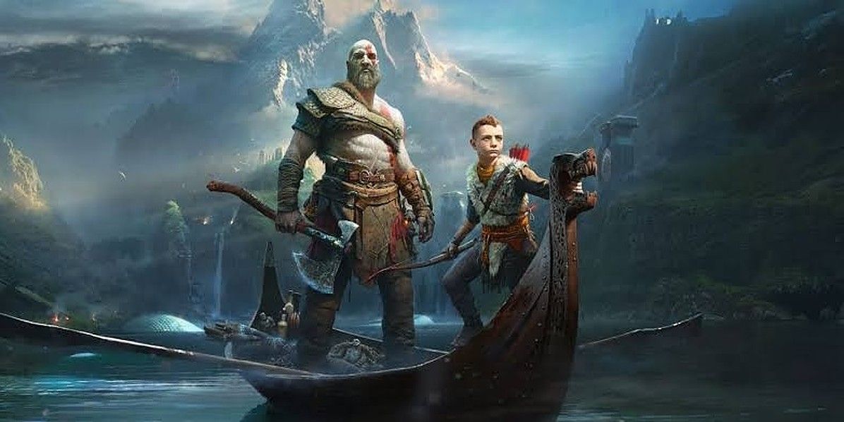 Arte de portada de God of War de 2018, que muestra a un Kratos mayor parado en un bote con su hijo Atreus.