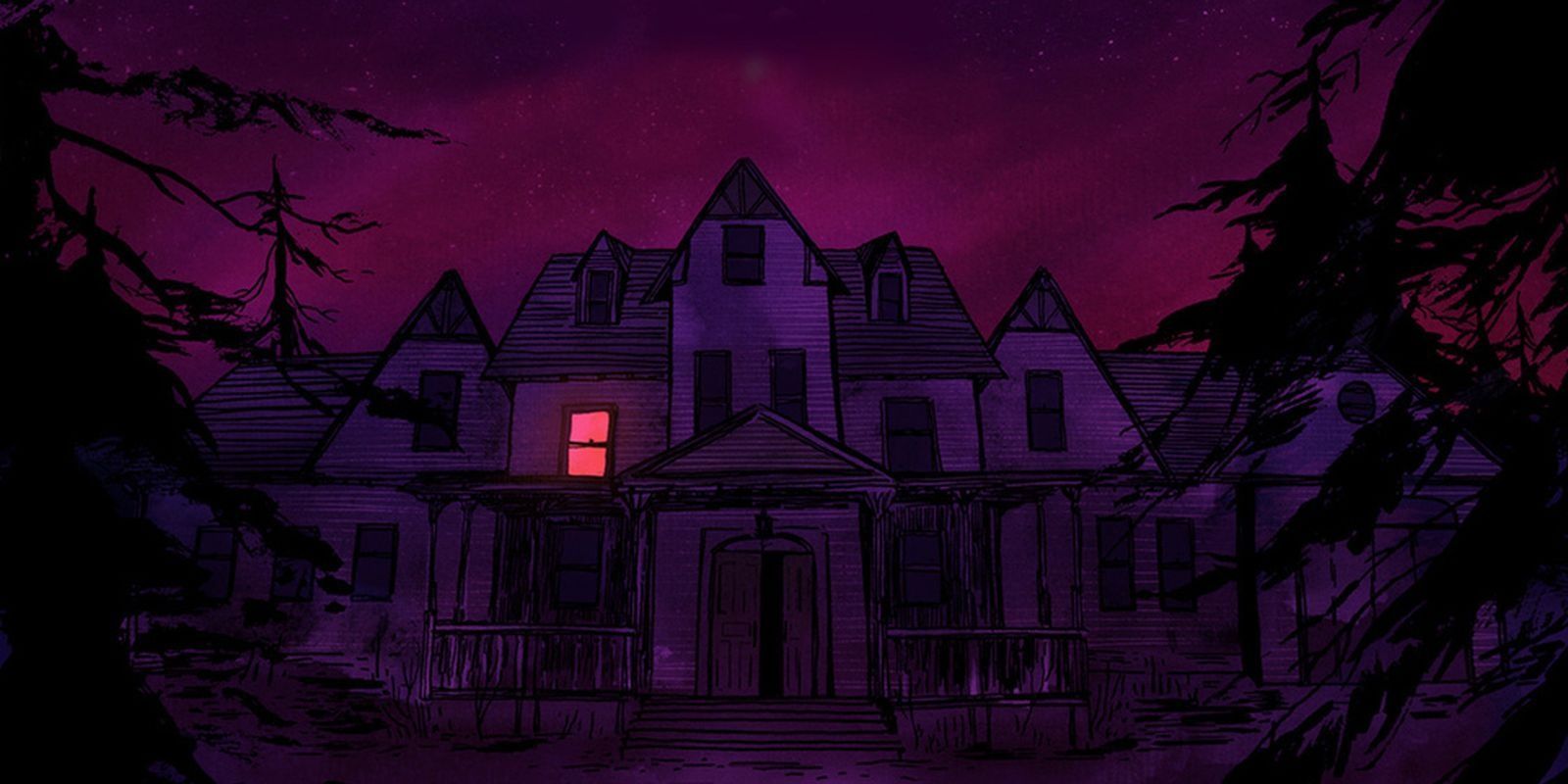 Gone Home's house shrouded in darkness with a single light shining through one window. 