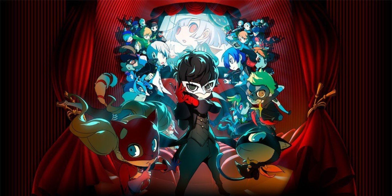 Joker and the cast of the Persona games stand in front of a projection screen