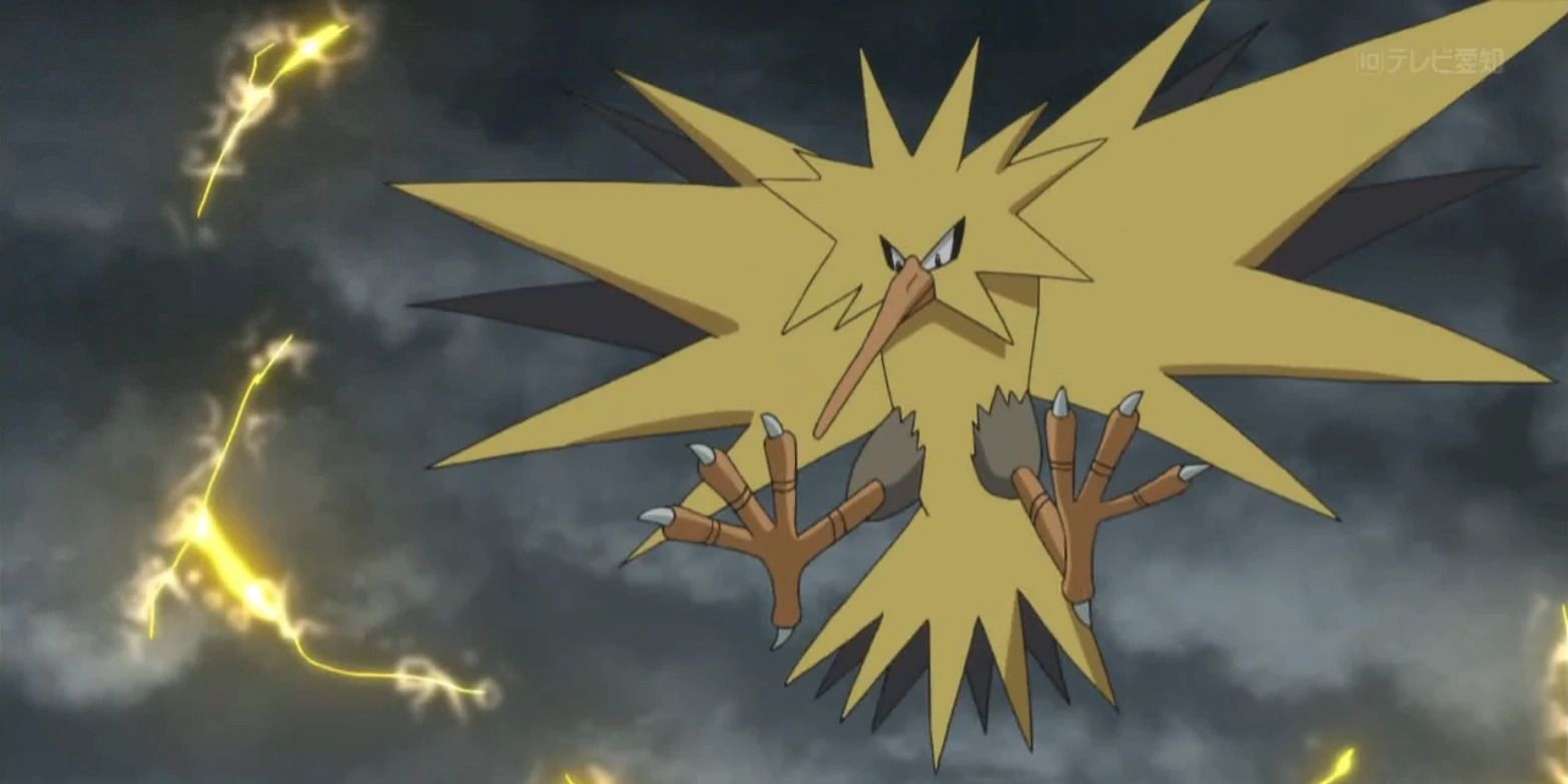 Zapdos flying in a thunderstorm in the Pokemon anime