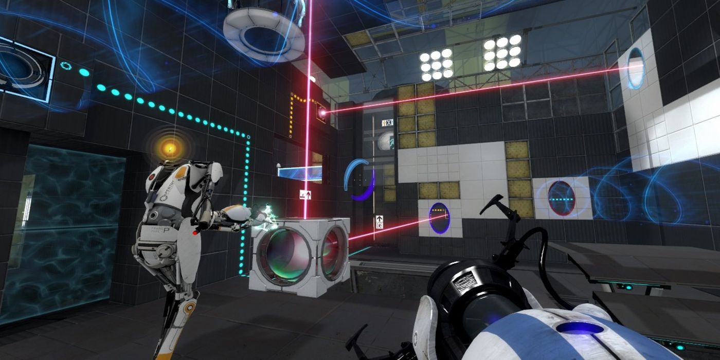 Portal 2 co-op in a puzzle with lasers shooting into cubes