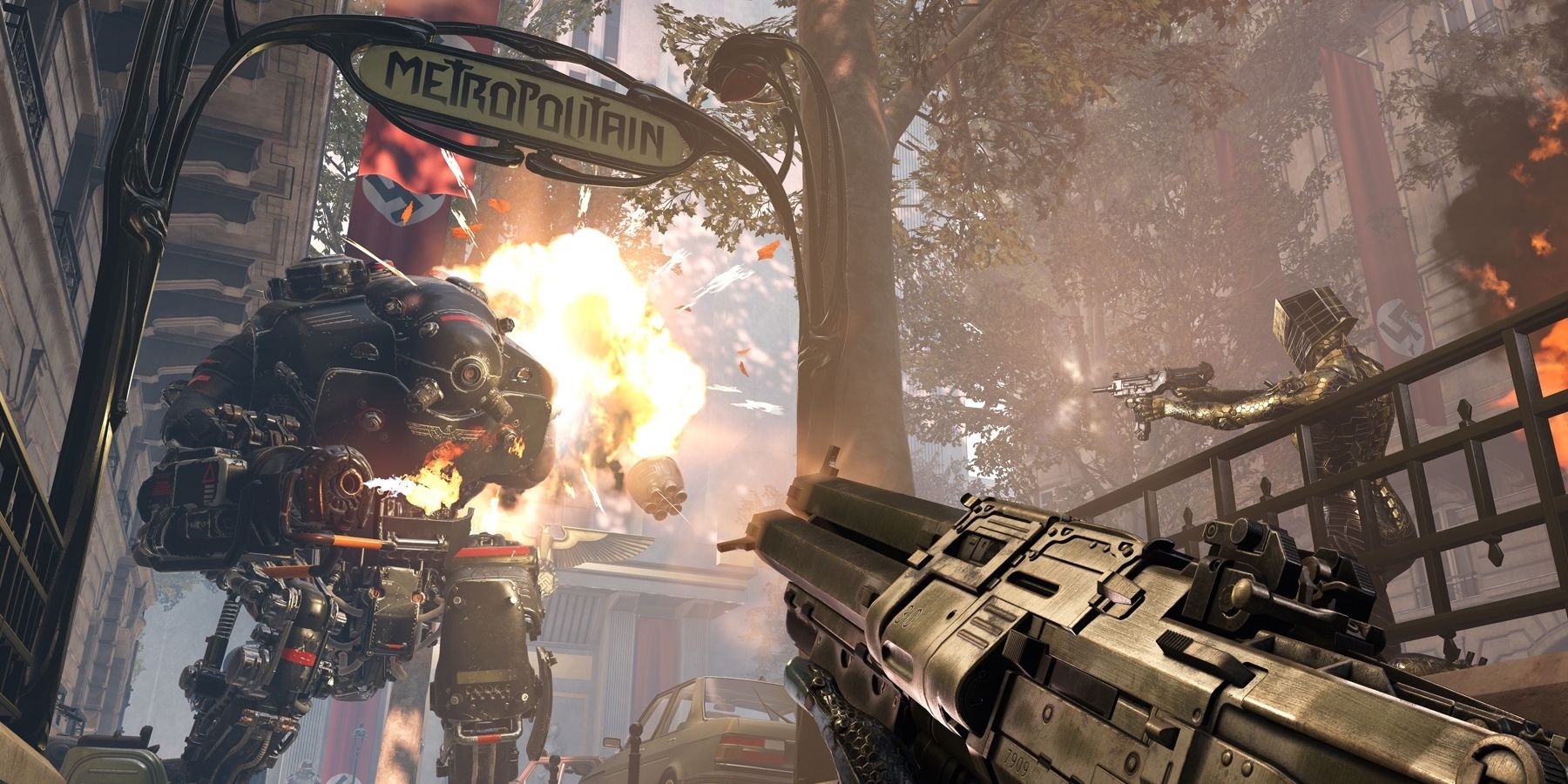 Sisters Jess and Zophia Blazkowicz shooting at a mech-suit machine Nazi that has a flamethrower in their armored exo-suits in Wolfenstein: Youngblood.
