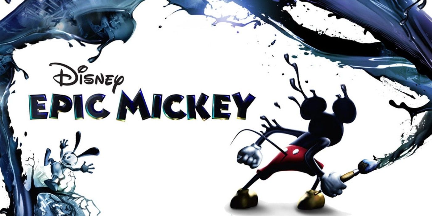 Epic Mickey - Mickey Mouse wirft Farbe auf einen weißen Hintergrund