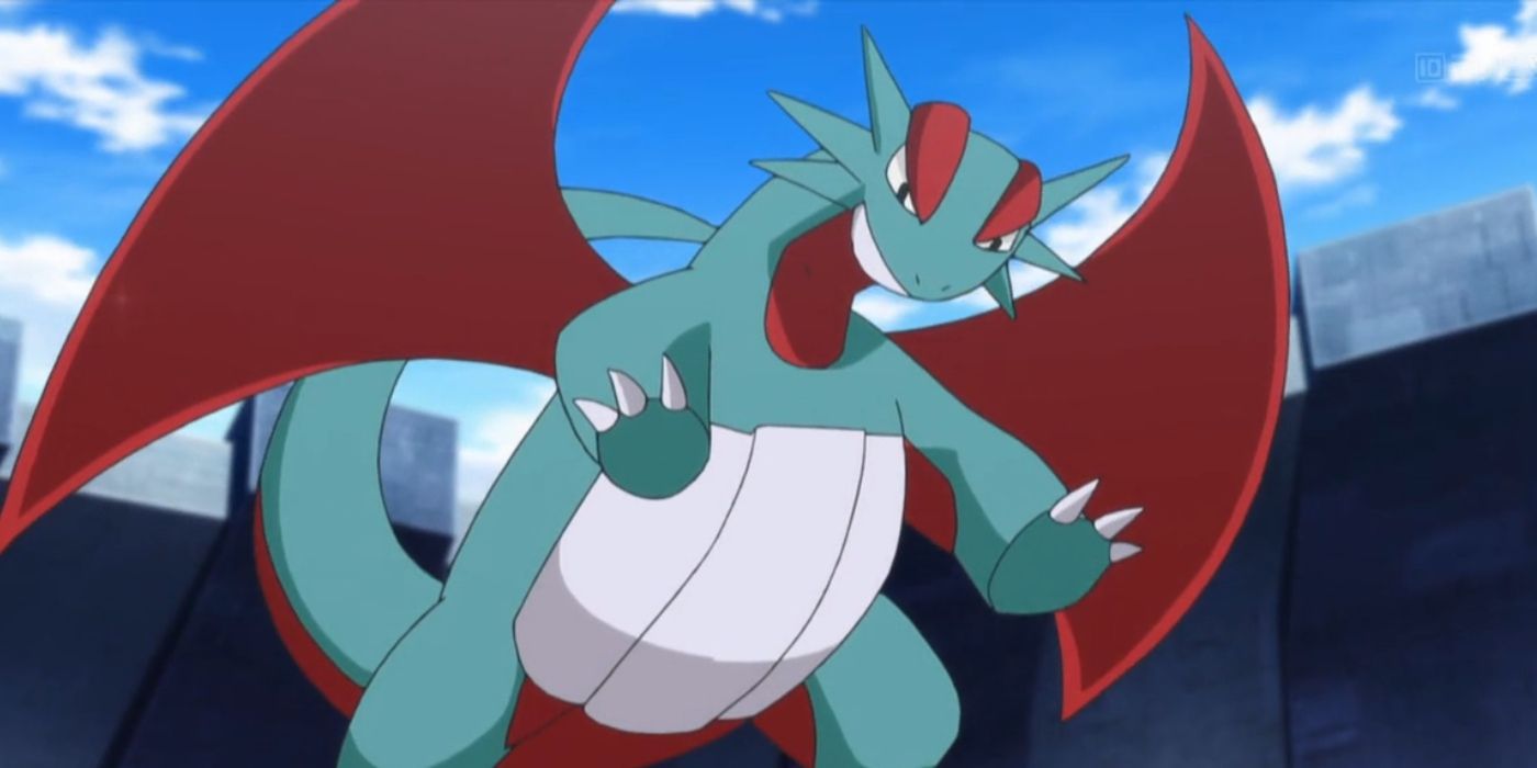 Sawyer's Salamence looks quizzically downward in the Pokemon anime.